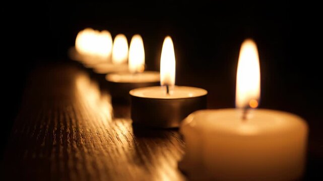 Row of Burning Candles in the Dark