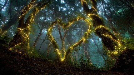 A mystical forest scene with glowing fairy lights forming a heart shape on the branches of trees, set against a dark, foggy backdrop with mossy ground and a mysterious, ethereal atmosphere.