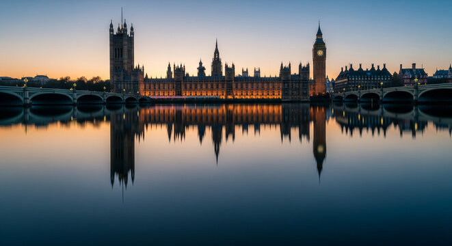 Iconic London Parliament and Big Ben reflected in River Thames at tranquil dawn