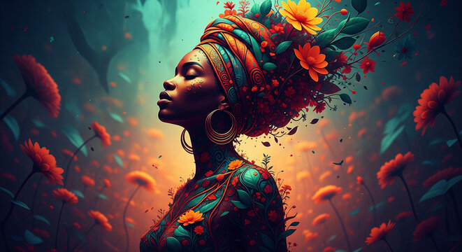 Vibrant African Woman with Floral Turban and Body Art in a Mystical Flower Garden