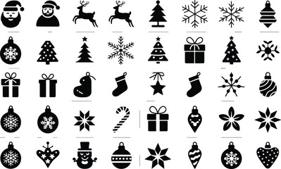 Christmas silhouette icons, Santa Claus, reindeer, snowflakes, trees, gifts, stockings, stars, ornaments, snowman, candy cane, festive winter decoration set