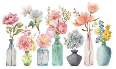 Obraz premium A collection of small watercolor floral bouquets, each in a unique or unusual vase or glass, delicate and whimsical style,
