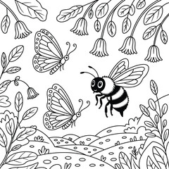 Outline Drawing of Butterflies and a Bee in a Garden