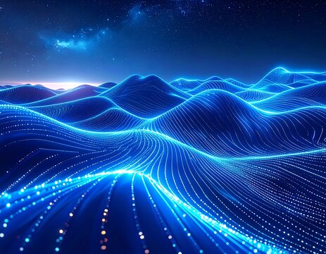 Digital rendering of flowing lines, creating a landscape of undulating hills bathed in deep blue light. Cosmic sky in background