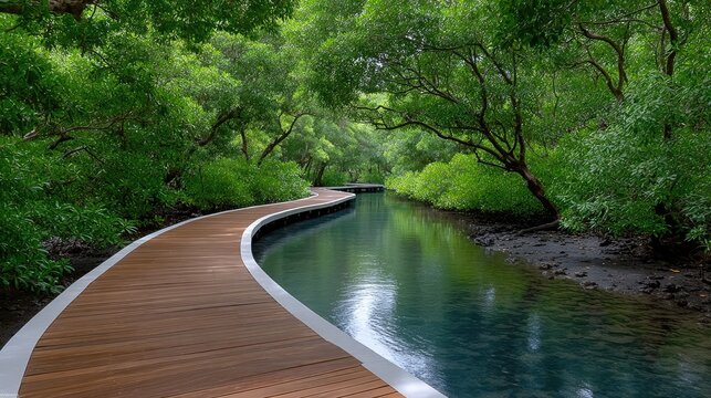 Winding wooden boardwalk through lush green mangrove forest with calm blue water reflecting the trees and sky natural sunlight illuminating the scenic pathway