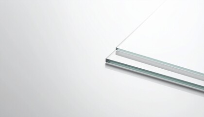 Clear glass sheets on a reflective white surface, ideal for product display or architectural concepts.