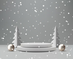 Winter Christmas Product Display Podium Mockup Elegant White Pedestal with Snow and Gold Spheres on Clean Gray Background