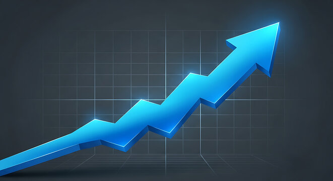 A glowing blue upward-trending arrow rises over a grid symbolizing growth and progress. rising high!!