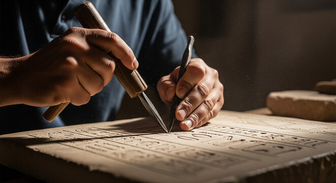 Expert hands meticulously chisel ancient hieroglyphics into a stone tablet.