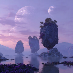 Surreal Floating Islands under Twin Moons in Purple Fantasy Sky