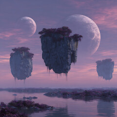 Surreal Floating Islands under Twin Moons in Purple Fantasy Sky