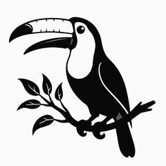 Obraz premium Black silhouette of a toucan on a branch with leaves
