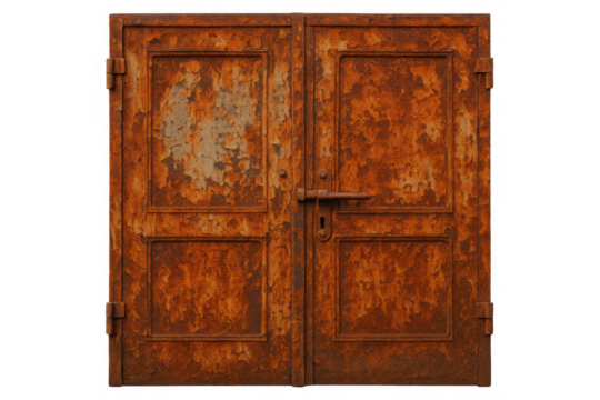 Double old metal door displaying extensive rust and weathered texture, featuring a lock and handle, isolated on transparent background