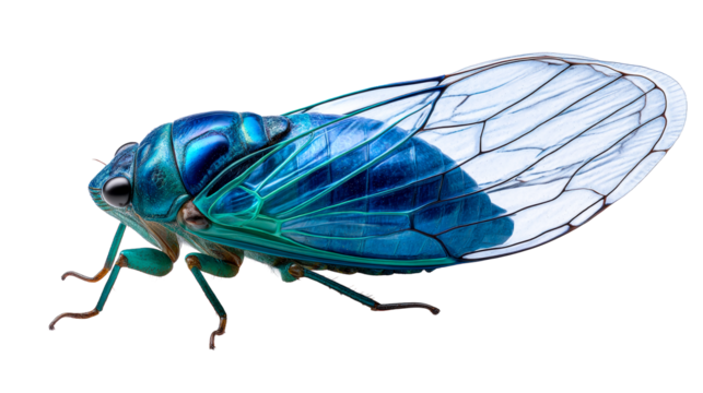 Detailed view of a vibrant blue cicada insect with translucent wings