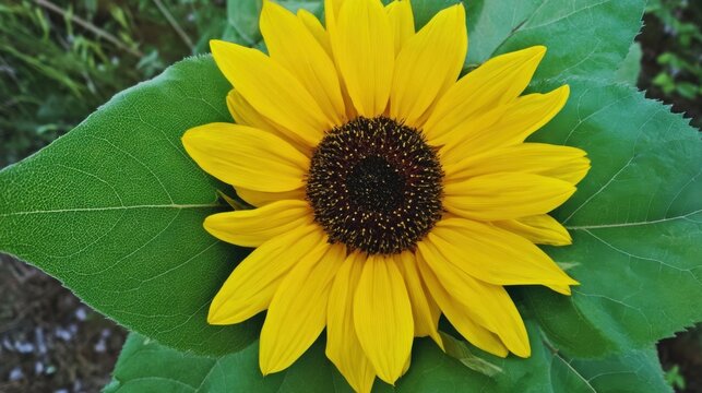 Vibrant yellow petals of a flowering sunflower with green foliage showcase intricate details highlighting its natural be