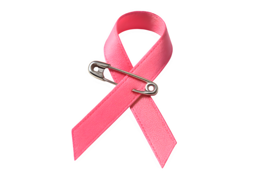 Pink Awareness Ribbon with Silver Safety Pin — Breast Cancer Awareness Symbol (Transparent PNG)