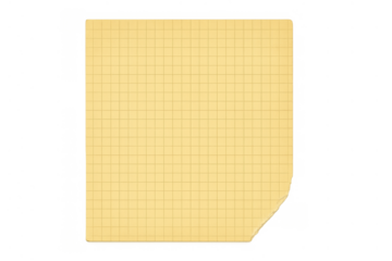 Yellow graph paper sheet with grid lines, blank surface and curled corner on transparent background