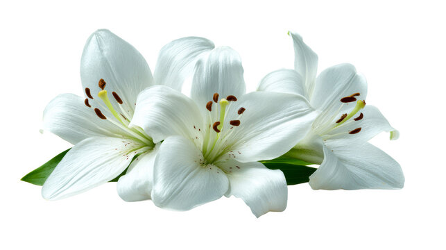 Three White Lily Blooms with Green Leaves on White