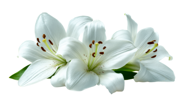 Three White Lily Blooms with Green Leaves on White