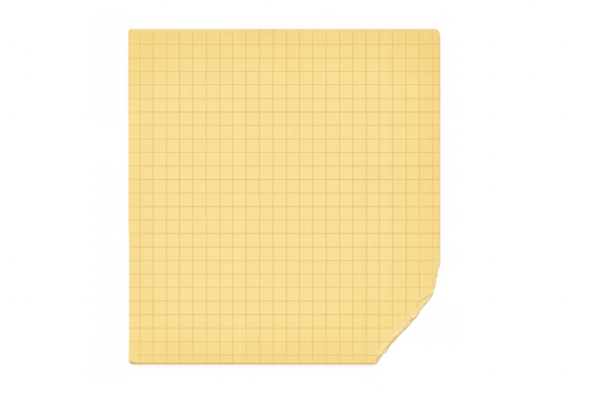 Yellow graph paper sheet with grid lines, blank surface and curled corner on transparent background