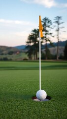 Obraz premium Generative AI putting golf ball on the green hole with flag.