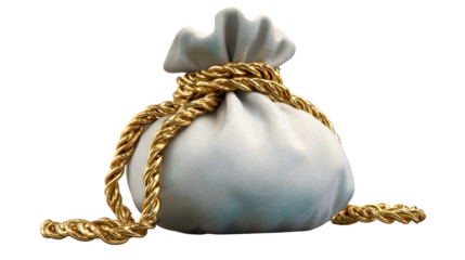 Pouch tied with thick golden rope on isolated white background