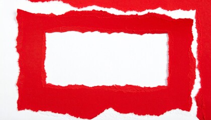 Torn red paper frame on white background with copy space, textured ripped paper border for text or design element