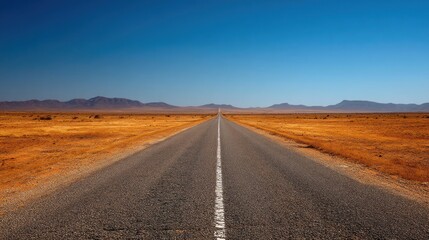 Fototapeta premium A long, straight road stretching into the distance with a clear blue sky above and a flat, arid landscape on either side.