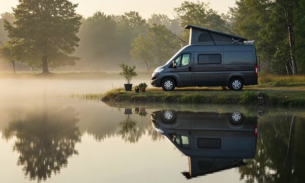 Campervan parked by a serene lake at sunrise with misty reflections.