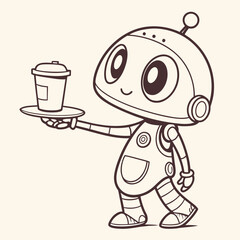 Cute cartoon robot character holding a cup of coffee on a tray with a friendly smile
