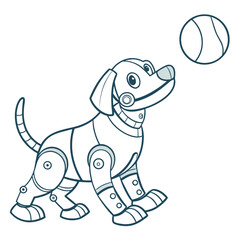 Cute cartoon robot dog looking up at a tennis ball with a playful expression