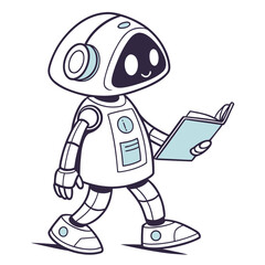 Cute cartoon robot character walking and reading a book with a friendly expression