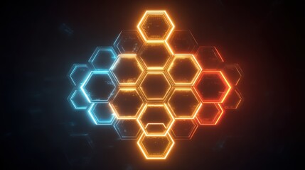 A futuristic, glowing hexagonal grid with a blue and orange hue, set against a dark background with a subtle glow.