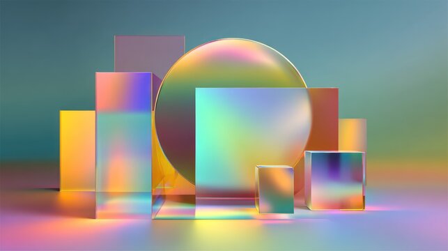 A colorful, abstract composition featuring a large, iridescent sphere and a series of geometric shapes in hues of orange, yellow, and pink, set against a gradient background.