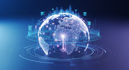 Global Network Connections on a Digital Earth with Futuristic Cityscape