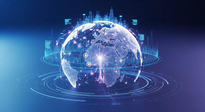 Global Network Connections on a Digital Earth with Futuristic Cityscape