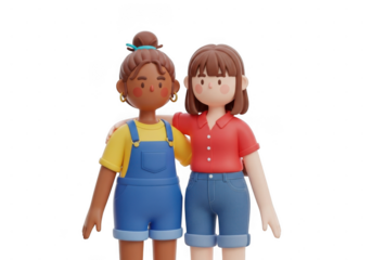 Two cartoon girls standing together in colorful outfits isolated on transparent background