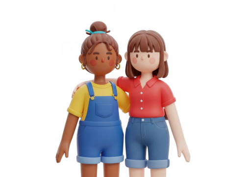 Two cartoon girls standing together in colorful outfits isolated on transparent background