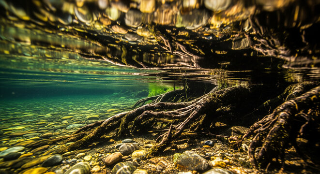Underwater shot of tree roots anchoring a vibrant pebble riverbed in clear water