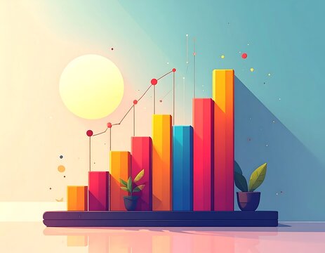 Cartoonish vibrant bar graph with ascending red line, against a light, sunny background