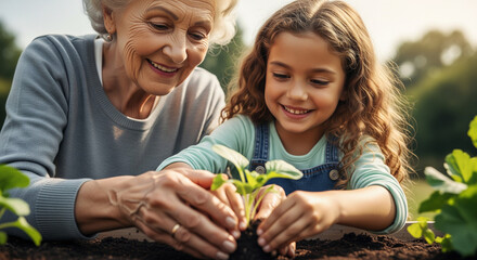 Obraz premium Joyful grandmother and granddaughter planting a small green seedling in the garden together.