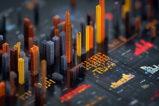 Modern abstract data visualization with vibrant charts and geometric cityscape for financial analysis and business growth projections