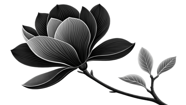 Monochrome illustration of a magnolia flower with detailed petals and branch on black background - Powered by Adobe