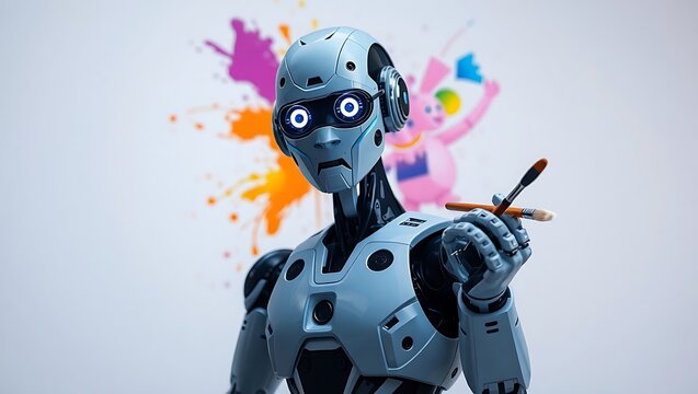A robotic artist holding paintbrushes in front of colorful abstract art on a white background wall