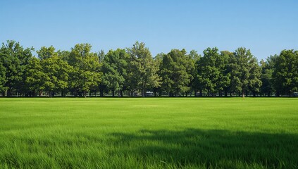 Expansive green grass field and forest line under clear blue sky
