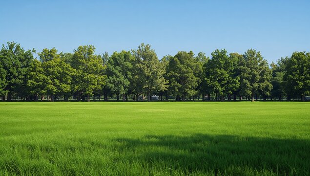 Expansive green grass field and forest line under clear blue sky - Powered by Adobe