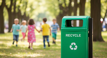 a recycle bin placed at a park with kids playing around in the background save eco environment