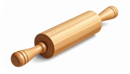 Classic wooden rolling pin for baking and cooking, isolated on white background with shadow. Kitchen utensil for dough, pastry, and pizza preparation.