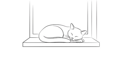 Illustration of a simple line drawing of a cat sleeping curled up on a windowsill, with a clean transparent background