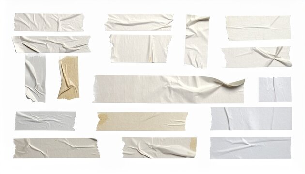 Collection of various wrinkled and torn adhesive tape pieces on white background, perfect for design elements, textures, or overlays.